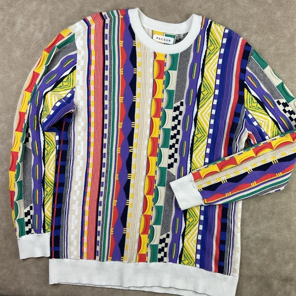 Pacsun Sweater Men Sz M Colorful Bright Coogi Style Retro Crewneck Pullover Knit
